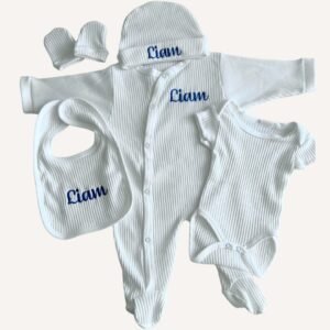 Tenue de naissance côtelée 5 pièces personnalisée