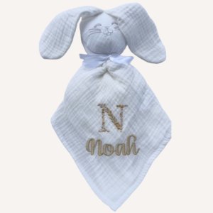 Doudou lapin gaz de coton blanc