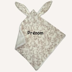 Doudou lapin motif lapinou brun - Fait main