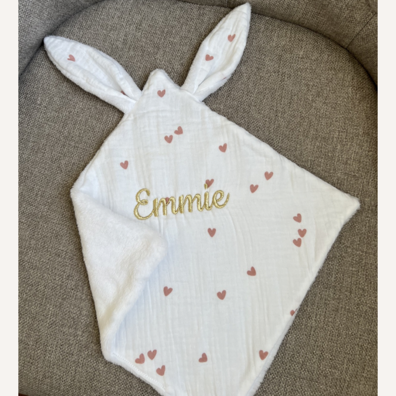 Doudou lapin coeurs roses - Fait main