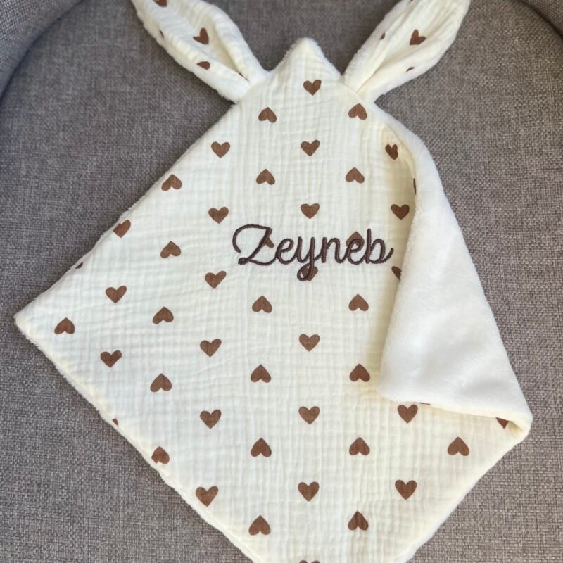 Doudou lapin coeurs marron - fait main
